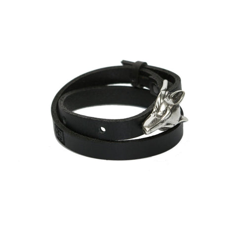 4. Studio image of RR Wolf Leather Bracelet in black with silver matte wolf buckle, double wrap design
