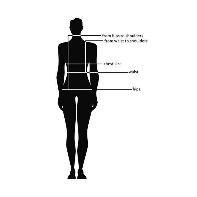 4. Size chart for RR body harness, illustrating measurements for chest, waist, and hips