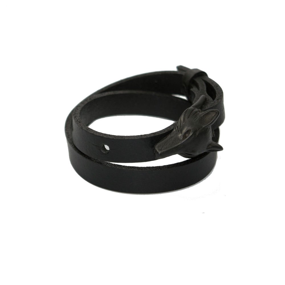 3. Side view of black matte Wolf Leather Bracelet by RR highlighting wolf buckle detail, shown in studio