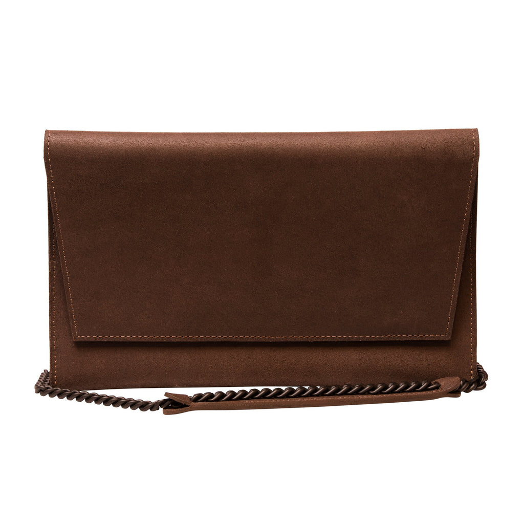 10. Studio image of RR brown chain shoulder bag with matte finish and chain strap