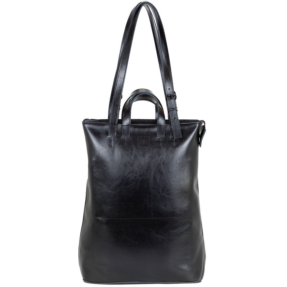 5. Studio back view of RR structured tote bag in black, showcasing embossed logo and structure
