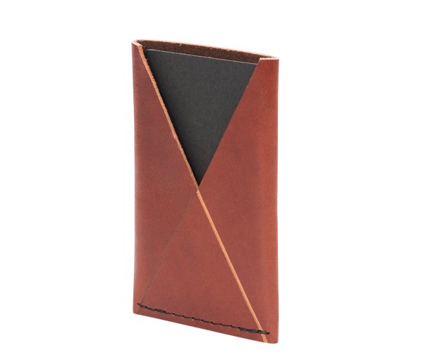 2. Studio shot of RR slim card holder in light brown leather, angled view