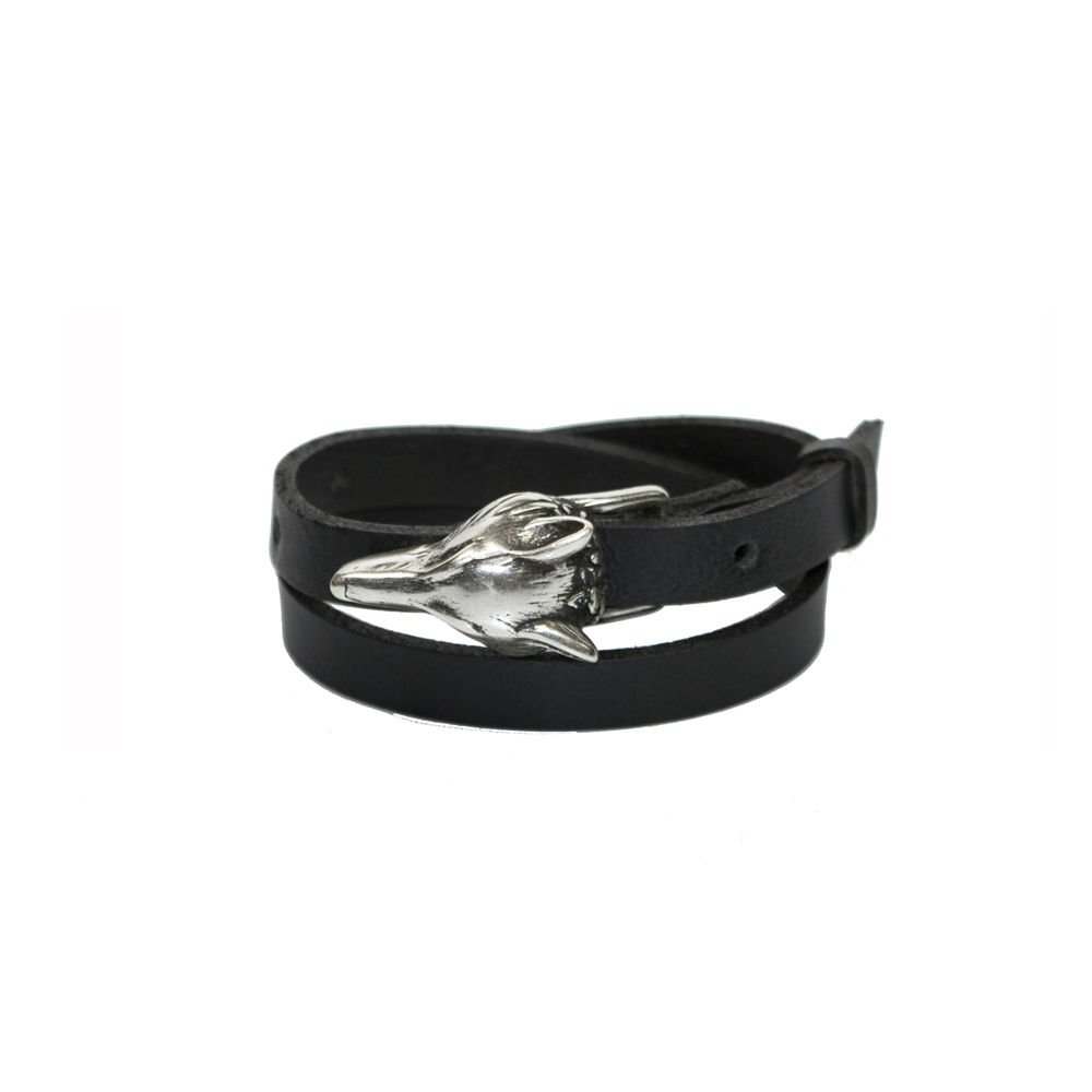 5. Close-up of RR Wolf Leather Bracelet in black with silver wolf buckle, shown from front