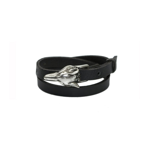 5. Close-up of RR Wolf Leather Bracelet in black with silver wolf buckle, shown from front
