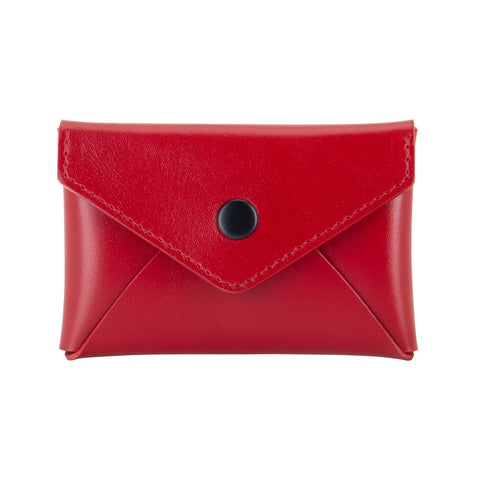 2. Front view of red RR small envelope wallet with secure press stud closure, studio setting