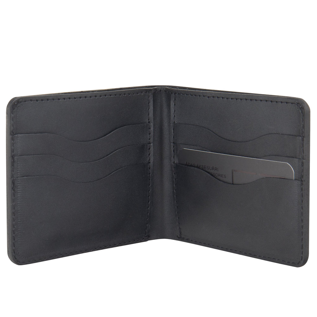 2. Interior view of black RR Billfold Wallet displaying card slots and slip pockets