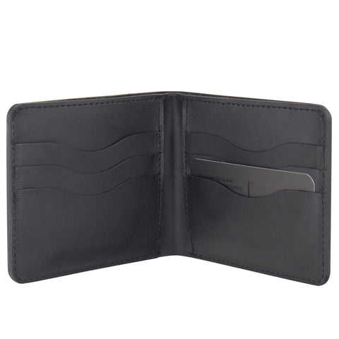 2. Interior view of black RR Billfold Wallet displaying card slots and slip pockets