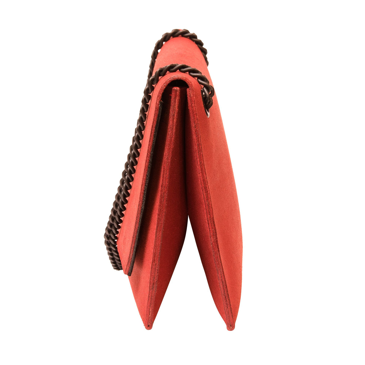 7. Side view of RR red chain shoulder bag highlighting slim profile and chain strap