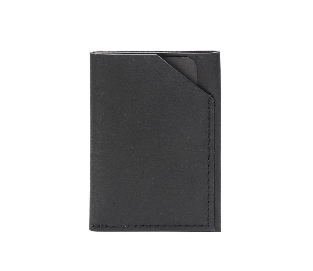 1. Black leather double compartment card holder by RR, shown in studio setting