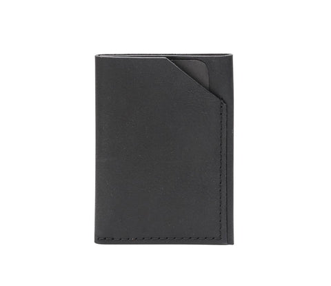 1. Black leather double compartment card holder by RR, shown in studio setting