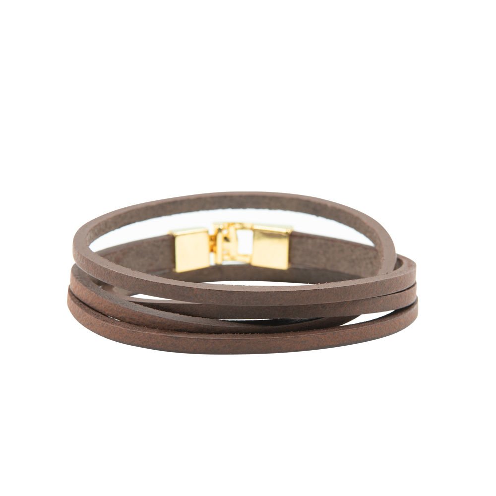 4. Brown leather double wrap bracelet with golden clasp, shown in studio