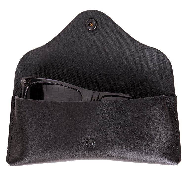 2. Open black leather glasses case by RR with sunglasses inside, highlighting interior