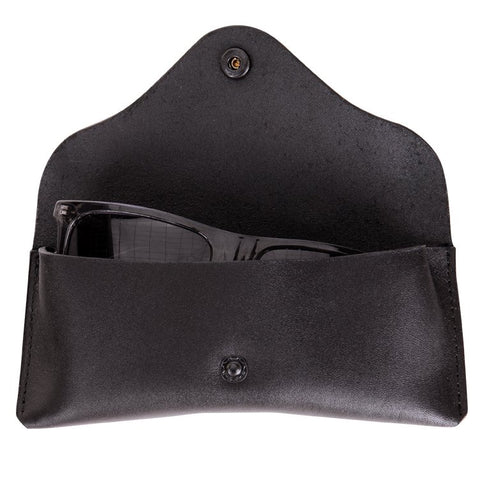 2. Open black leather glasses case by RR with sunglasses inside, highlighting interior