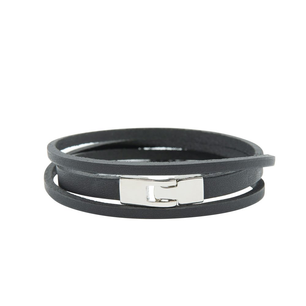 2. Black double wrap slit bracelet featuring a sleek silver-tone T-bar hook clasp by RR, studio shot
