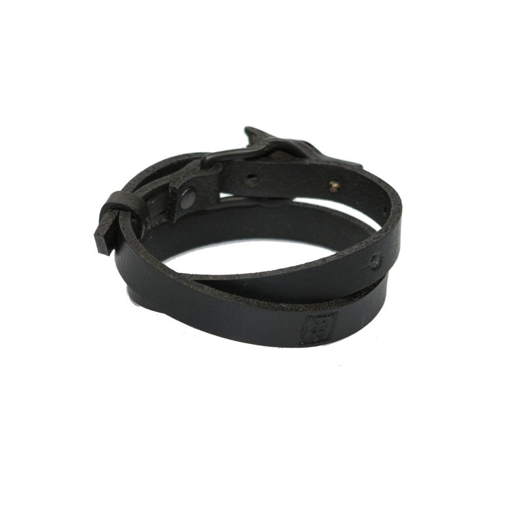 2. Rear view of black matte Wolf Leather Bracelet by RR with double wrap design, shown in studio