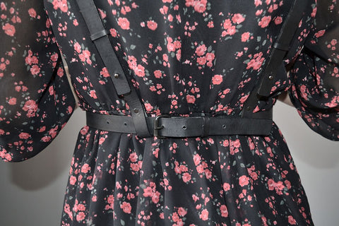 5. Close-up of RR Body Harness No 5 over floral dress, showing strap details