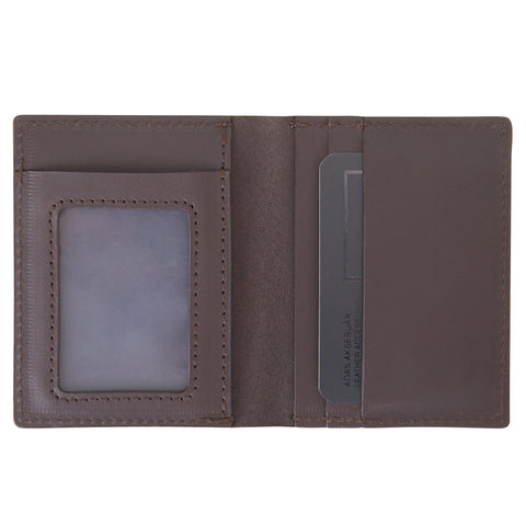 4. Interior view of brown RR ID Billfold Wallet showing ID-card window and card pockets in genuine leather