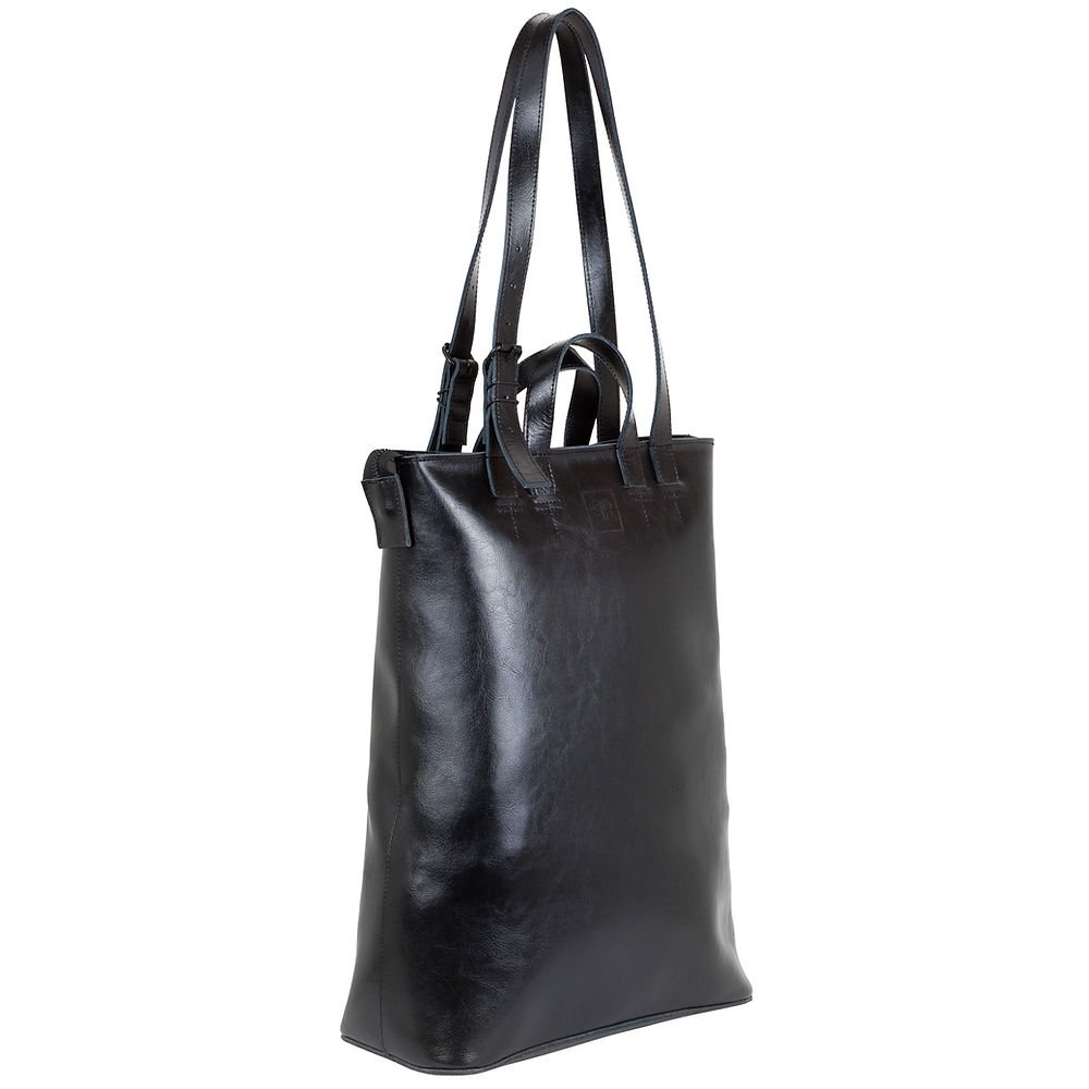4. Studio side view of RR structured tote bag in black, highlighting sleek design and straps
