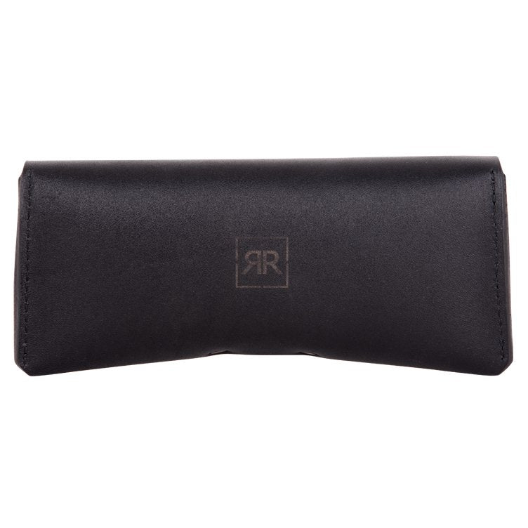 3. Back view of black leather glasses case by RR featuring elegant logo detail