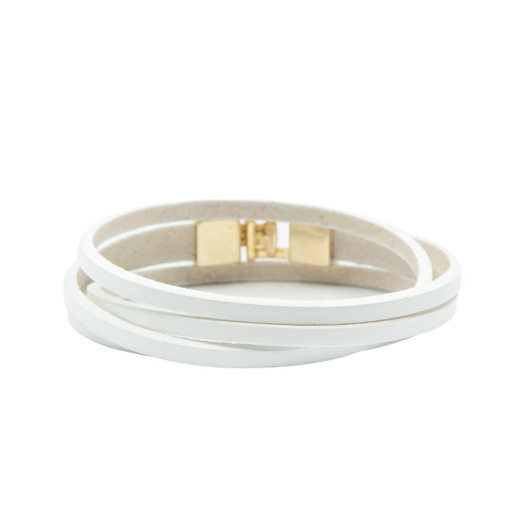 5. White double wrap slit bracelet with golden T-bar hook clasp by RR, studio image