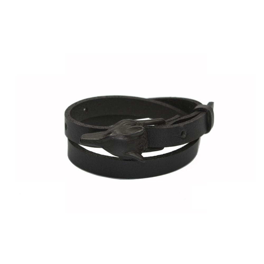 1. Black matte Wolf Leather Bracelet by RR featuring a distinctive wolf buckle, shown in a studio setting