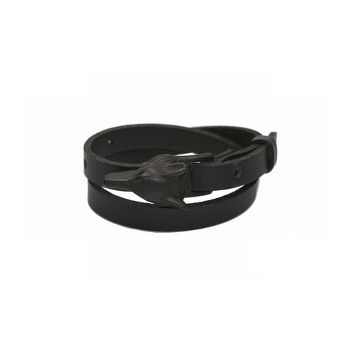 1. Black matte Wolf Leather Bracelet by RR featuring a distinctive wolf buckle, shown in a studio setting