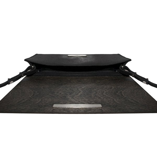 7. Interior view of RR Small Glossy Wood Clutch, showing magnetic clasp and zip pocket