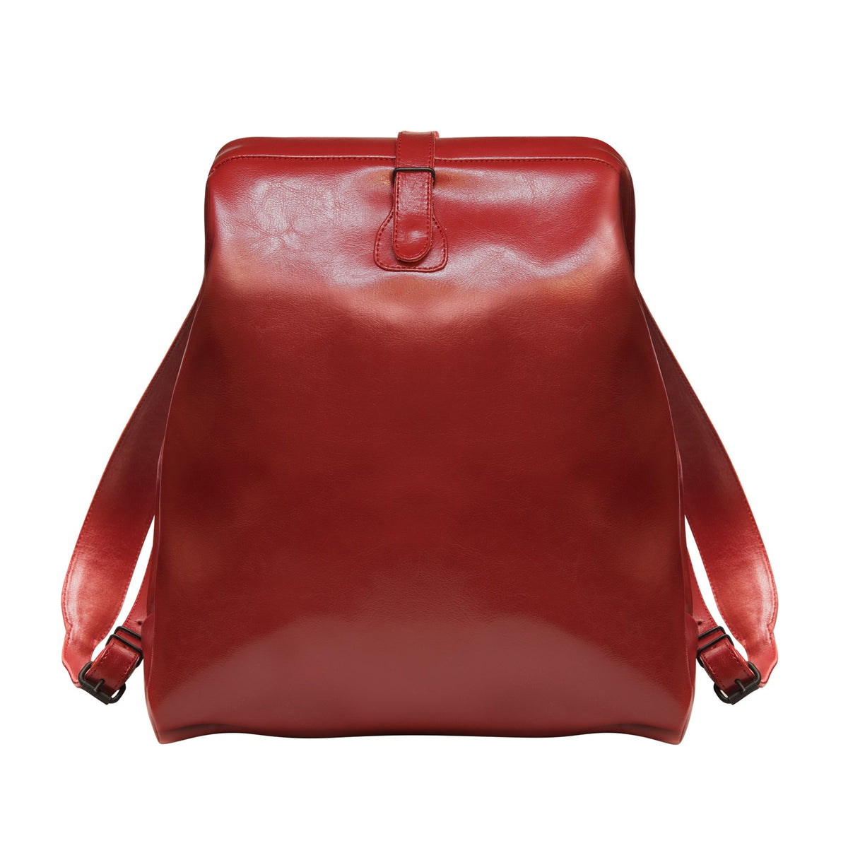 1. Front view of RR red leather backpack with structured design and pin-buckle closure