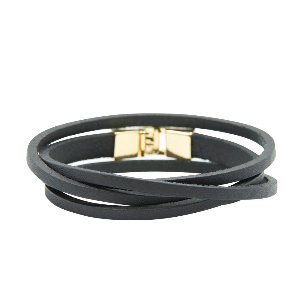 2. Black leather double wrap bracelet with golden clasp, displayed in studio setting