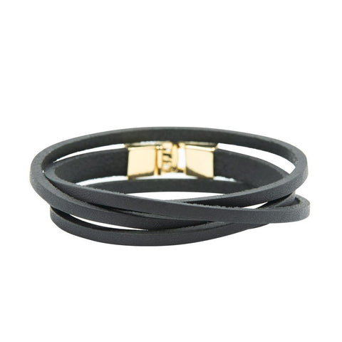 2. Black leather double wrap bracelet with golden clasp, displayed in studio setting