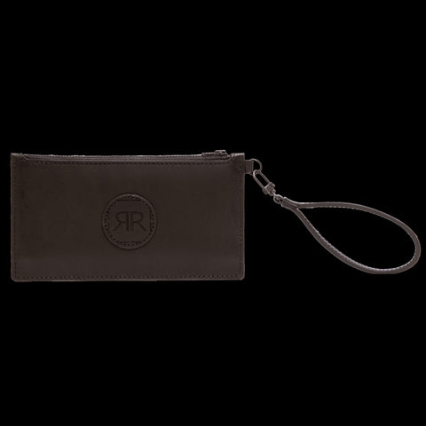 2. Studio image of black RR leather wristlet wallet with detachable strap and logo detail