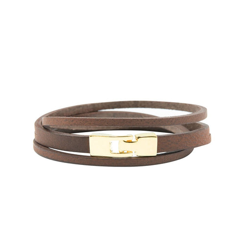 3. Brown double wrap slit bracelet featuring a golden T-bar hook clasp by RR, studio shot