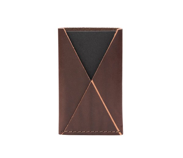 1. Studio shot of RR slim card holder in dark brown leather, front view
