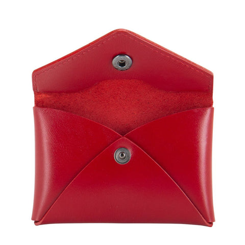 3. Open red RR small envelope wallet showing internal pocket and snap button closure, studio shot