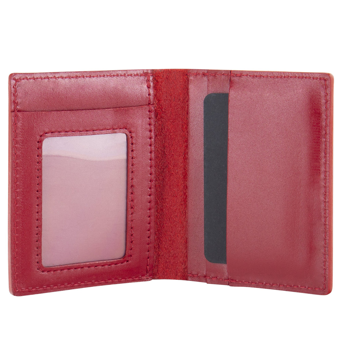 1. Interior view of red RR ID Billfold Wallet showing ID-card window and card pockets in genuine leather