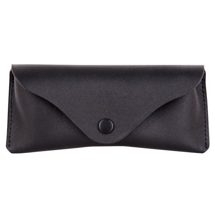 1. Black leather glasses case by RR with button closure, shown in studio setting