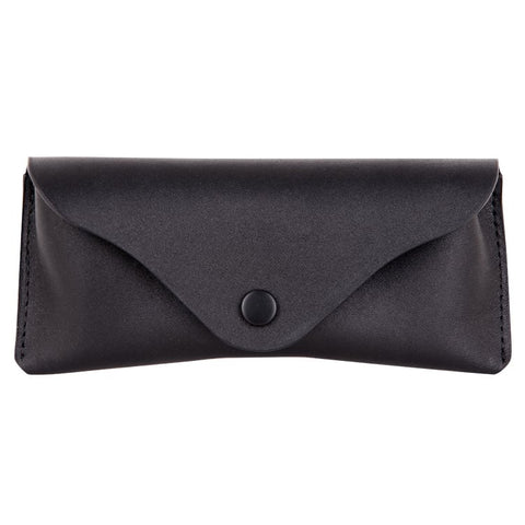 1. Black leather glasses case by RR with button closure, shown in studio setting