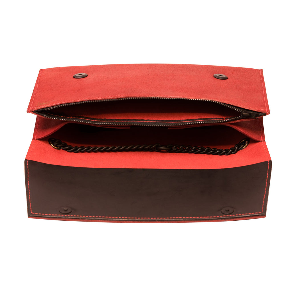 8. Open view of RR red chain shoulder bag showing organized interior with compartments