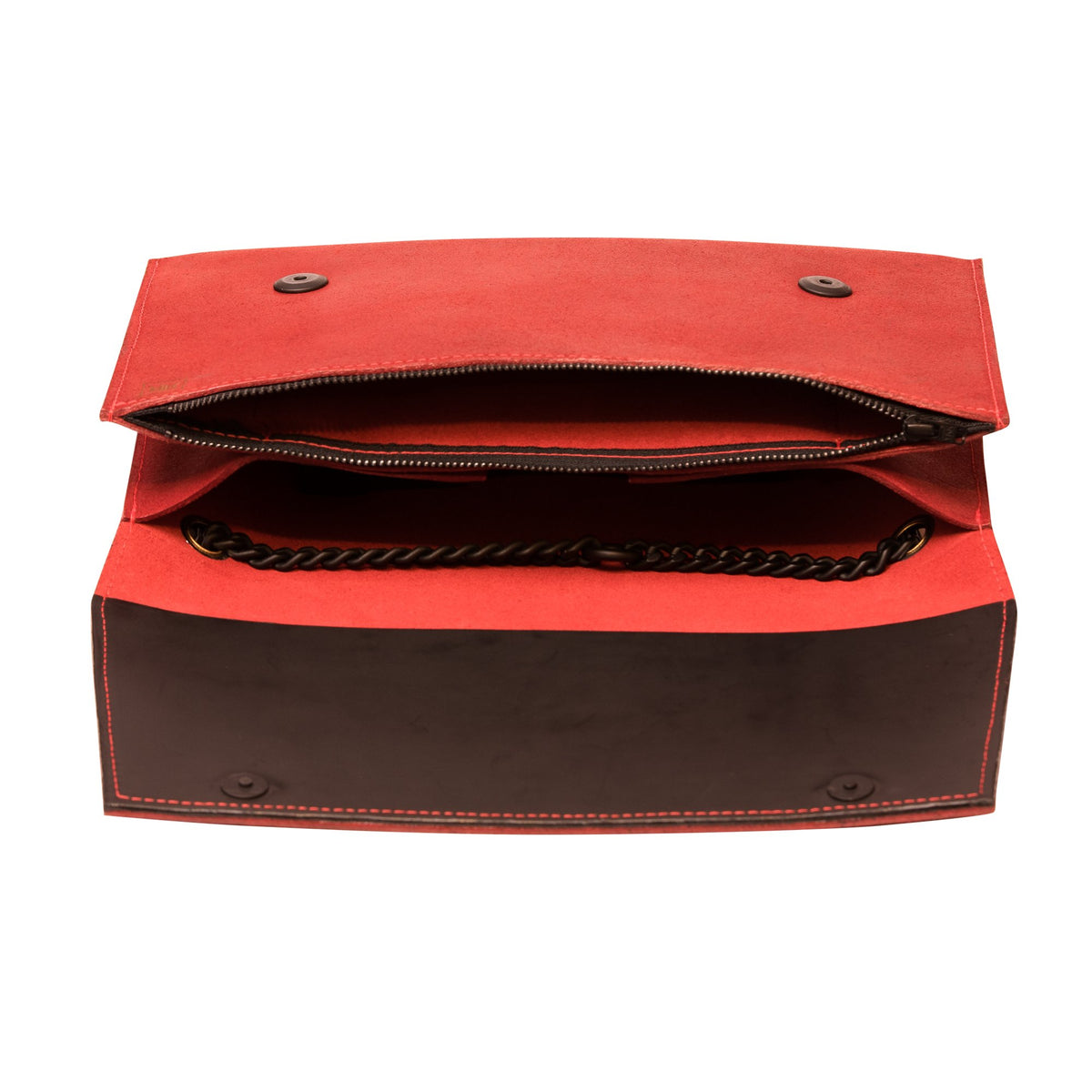 8. Open view of RR red chain shoulder bag showing organized interior with compartments