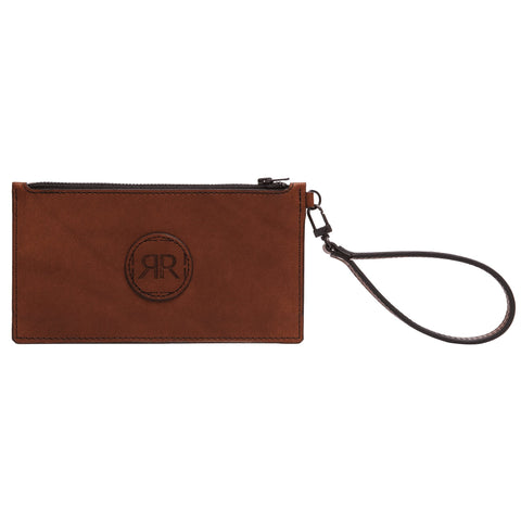 4. Studio image of brown RR leather wristlet wallet with detachable strap and logo detail