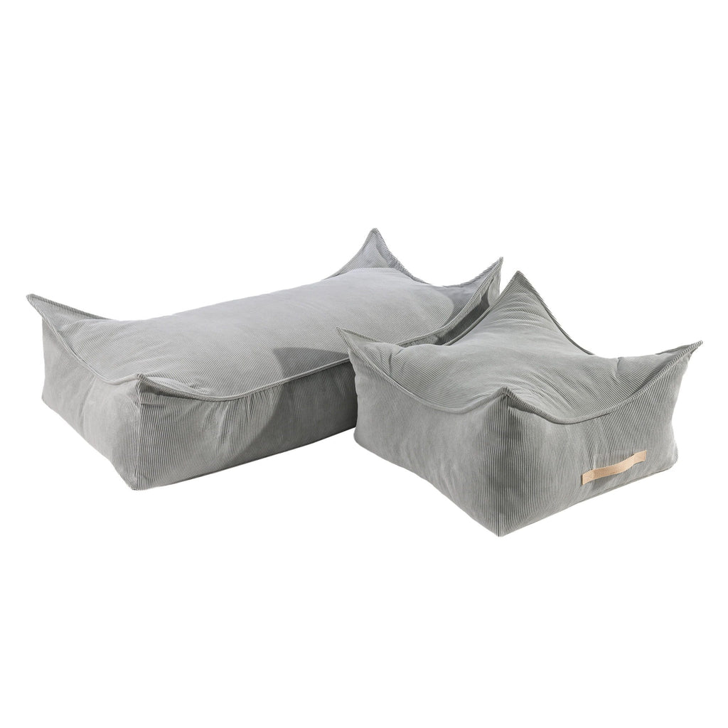 2. Two grey corduroy poufs for children by MeowBaby, one large and one small, displayed together