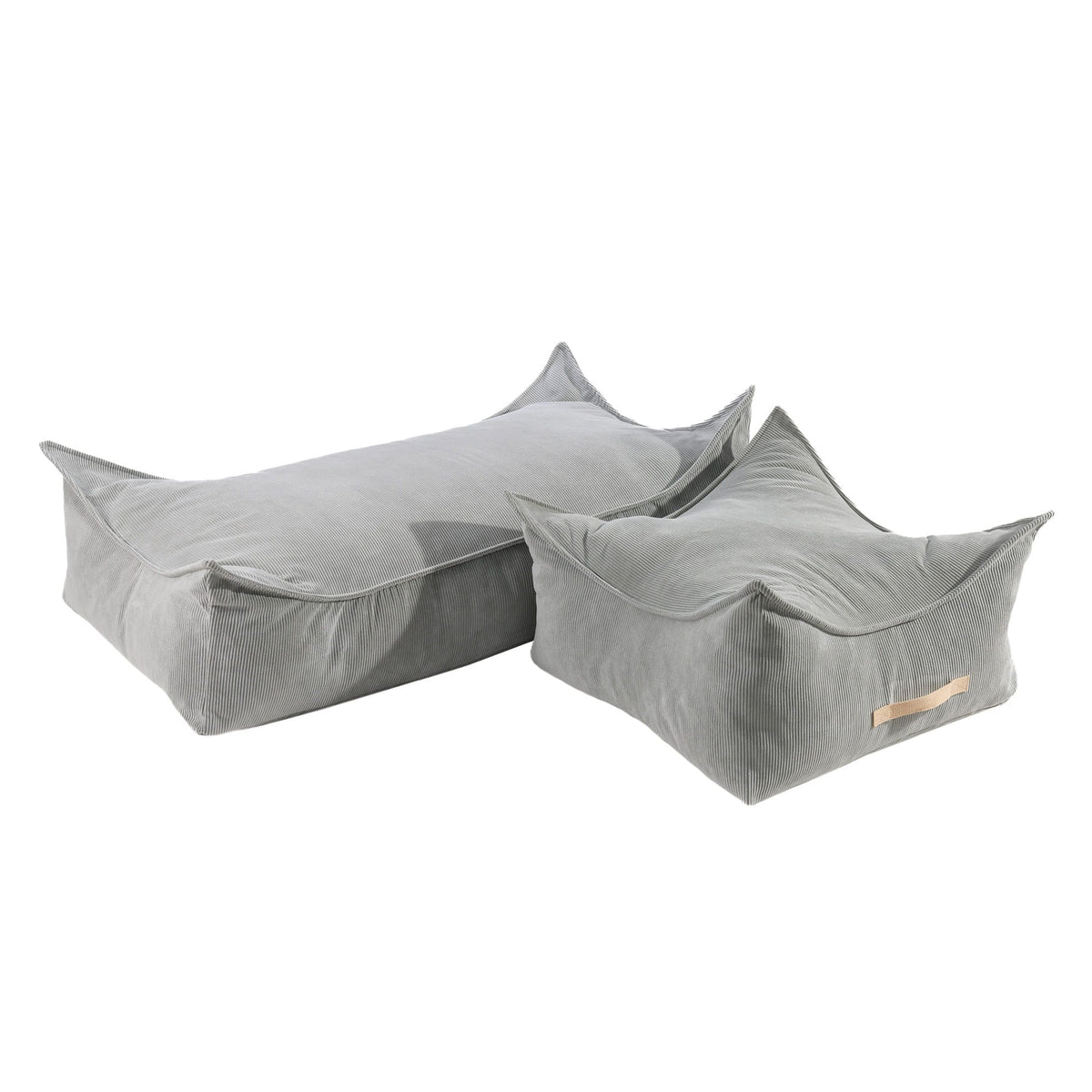 2. Two grey corduroy poufs for children by MeowBaby, one large and one small, displayed together