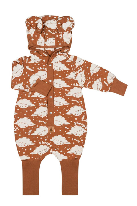 4. Flat lay of cinnamon sheep print jumpsuit with hood and foldable cuffs