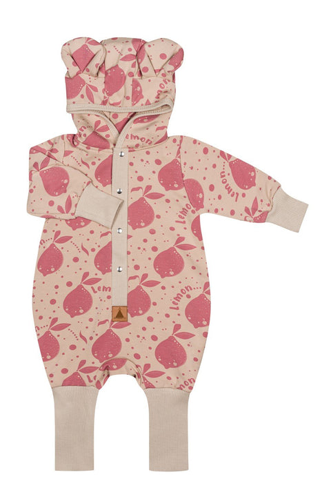 2. Zezuzulla beige jumpsuit with pink lemon print and hood with ears laid flat on white background