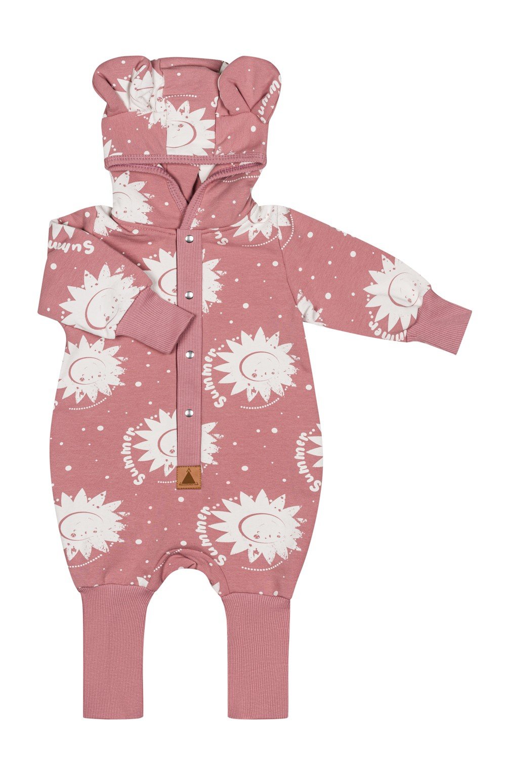 2. Zezuzulla pink suns eared jumpsuit for babies and kids laid flat showing hood and foldable cuffs