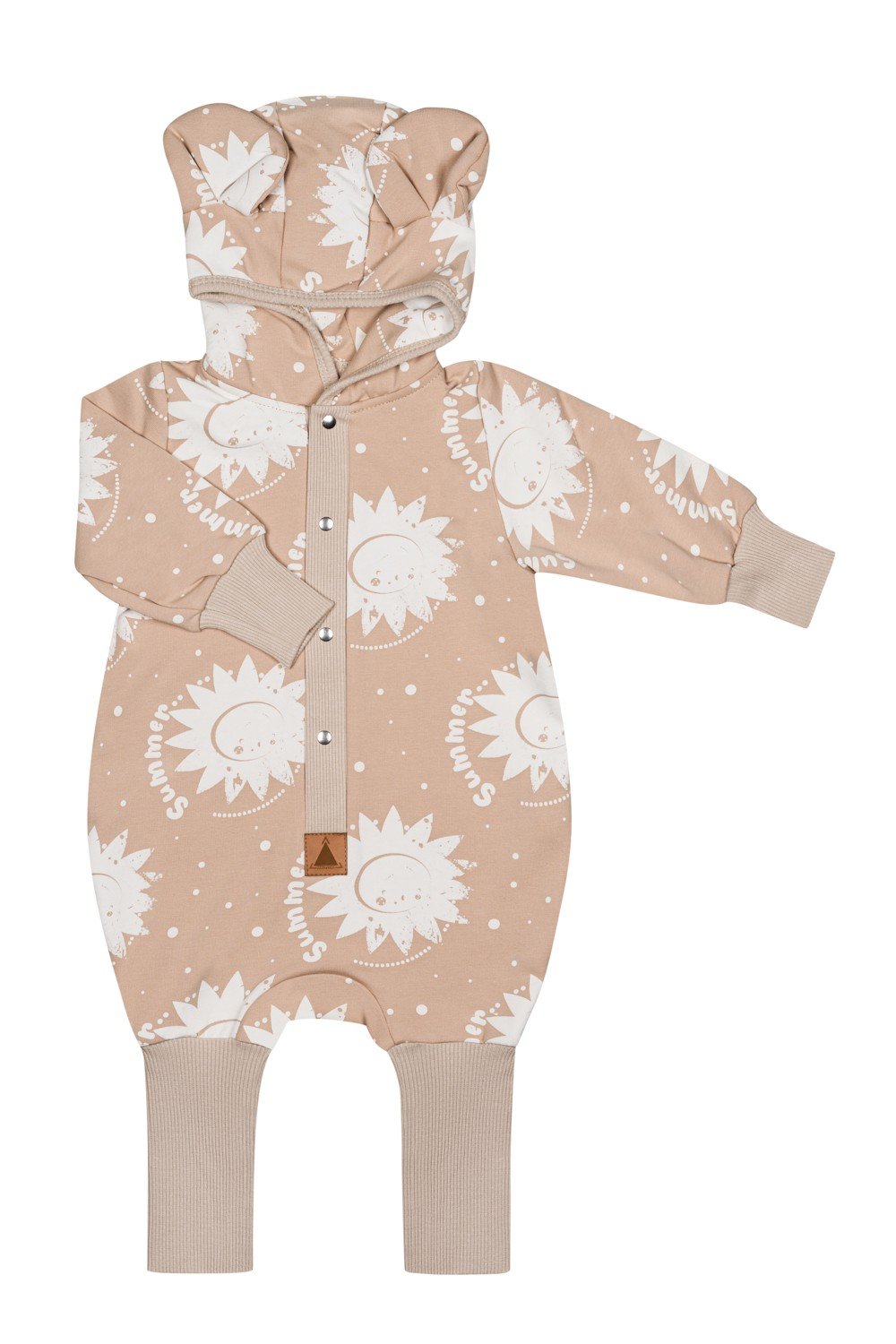 2. Beige jumpsuit with sun print and hood with ears, shown flat with foldable cuffs and leg hems