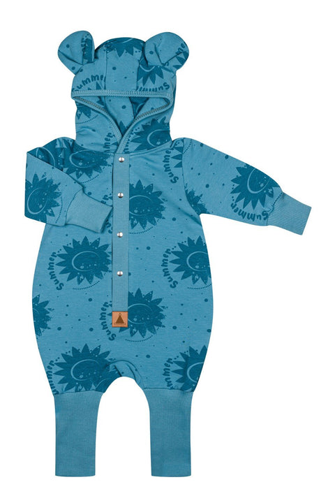 2. Blue Zezuzulla eared jumpsuit with sun print, shown flat with hood and foldable cuffs