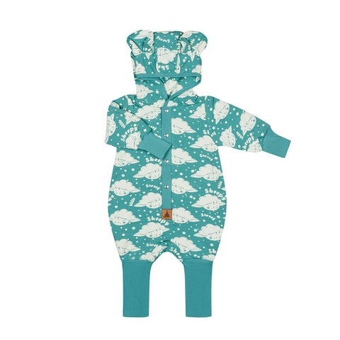 1. Mint green eared jumpsuit for babies and kids with white sheep print, featuring a hood with rounded ears, foldable cuffs, and leg hems, made from soft cotton and elastane, shown flat on a white background