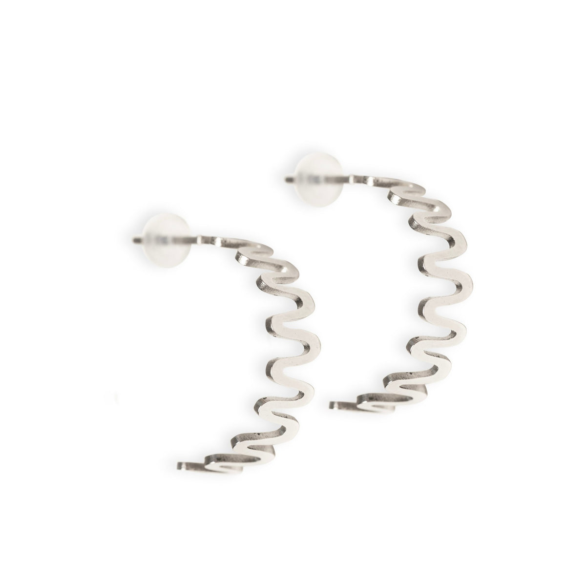 2. Stainless steel hoop earrings with wavy design and soft silicone backing on white background