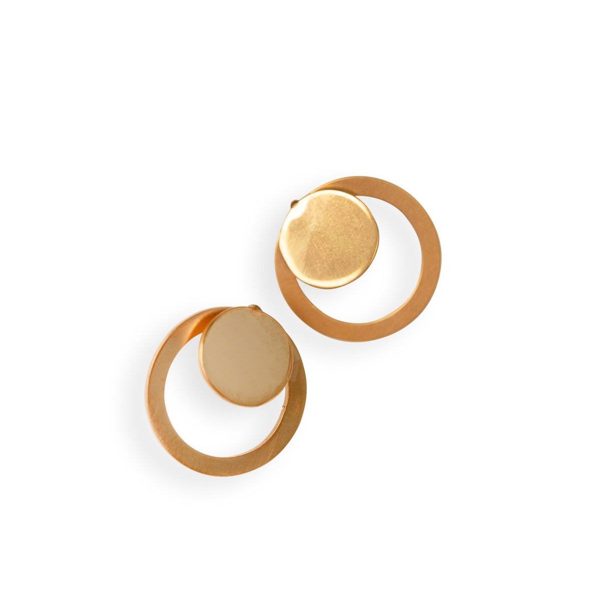 3. Close-up of Lentsius Luna Sunlit earrings with polished gold finish and circular design on white background